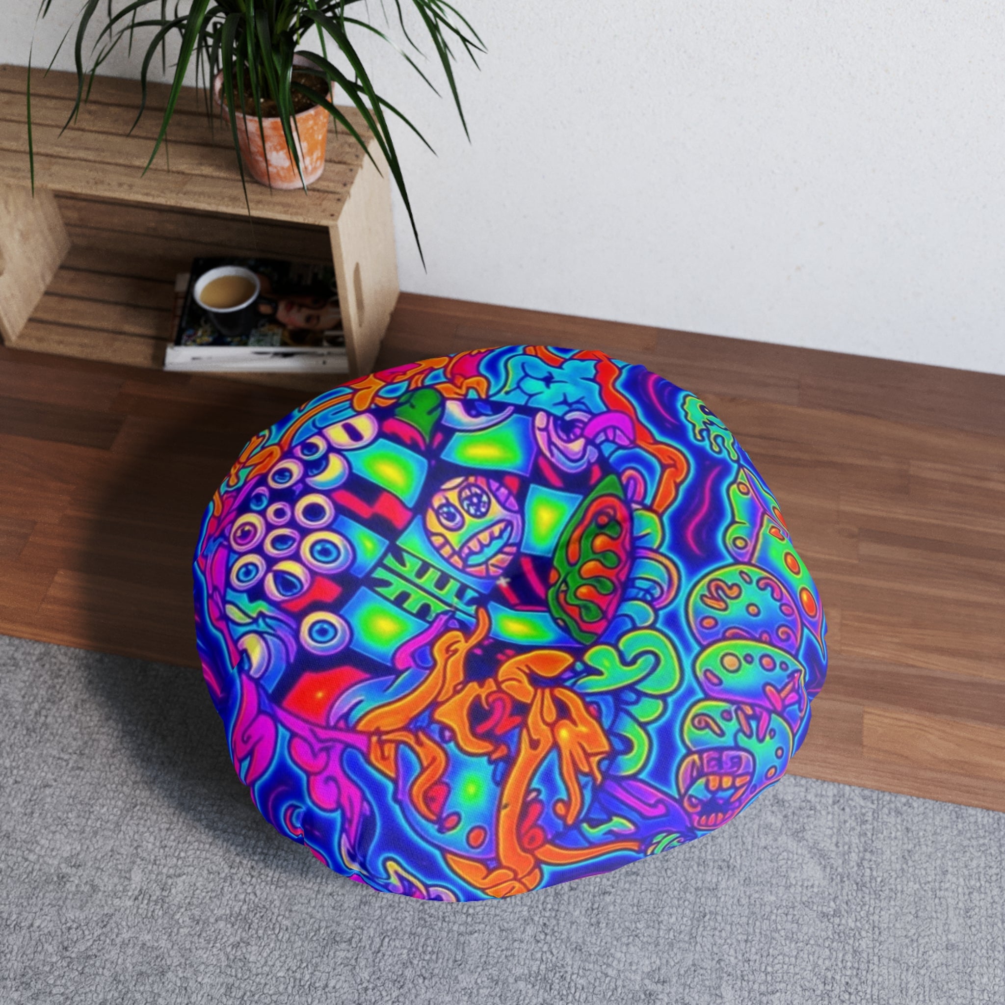 Round Tufted Floor Pillow — Melting Galaxy Eyes Time Design