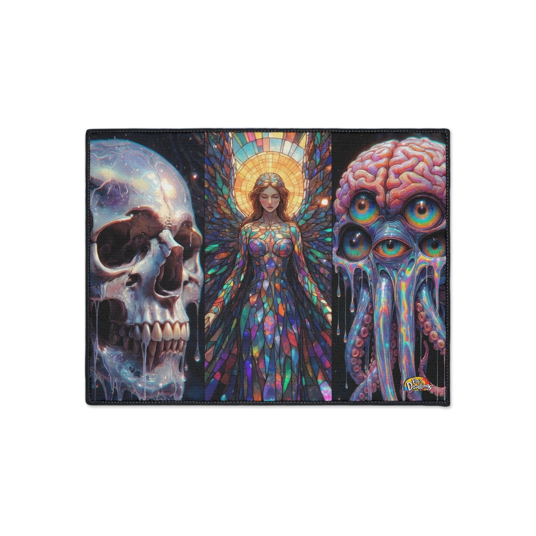 A LOT ON THE MIND Trilogy Floor Mat — Melting Skull, Stained-Glass Angel & All-Seeing Brain
