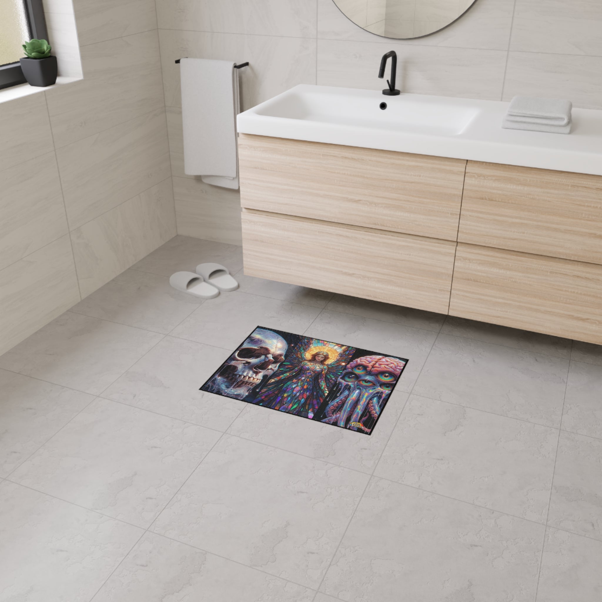 A LOT ON THE MIND Trilogy Floor Mat — Melting Skull, Stained-Glass Angel & All-Seeing Brain